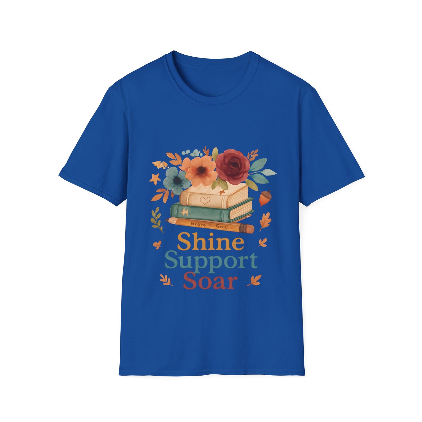 Shine Support Soar Teacher T-Shirt | Floral Book Lover Graphic Tee | Back to School Librarian & Educator Gift
