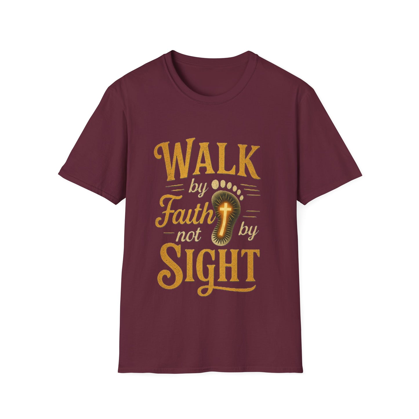 Walk by Faith T-Shirt – Inspirational Christian Shirt with Footprint & Cross Design