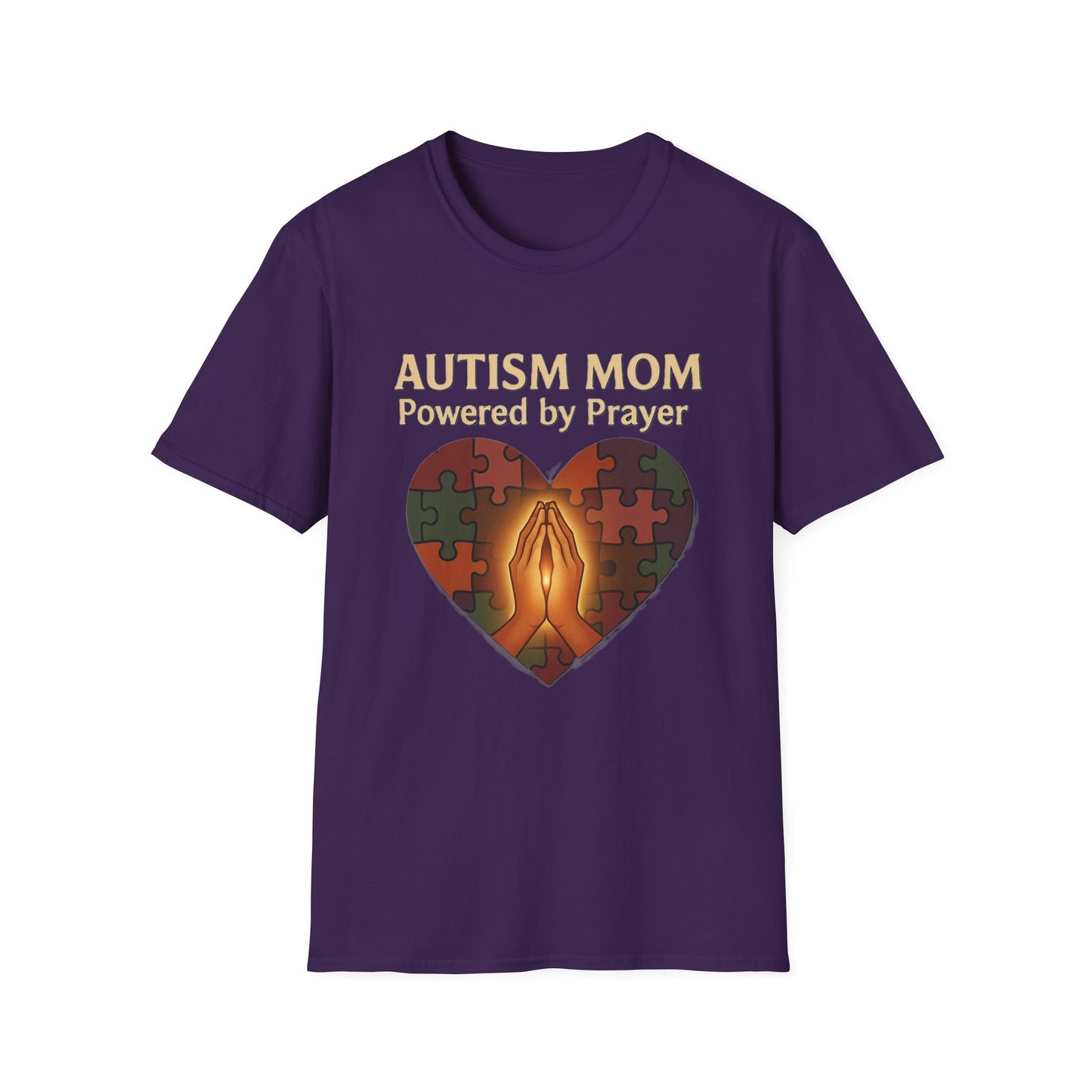 Autism Mom Shirt – Powered by Prayer Puzzle Heart Graphic for Autism Support