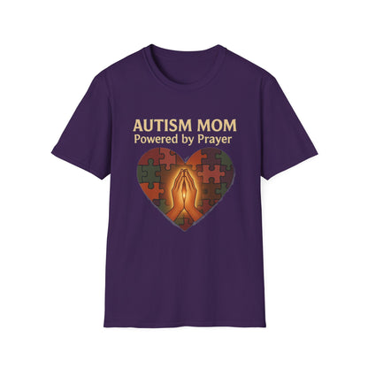 Autism Mom Shirt – Powered by Prayer Puzzle Heart Graphic for Autism Support