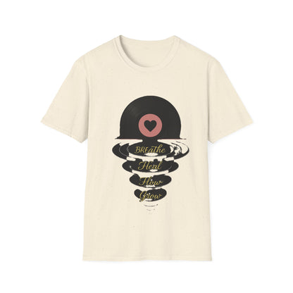Breathe, Heal, How, Glow Shirt – Vinyl Record Design for Music and Healing Lovers