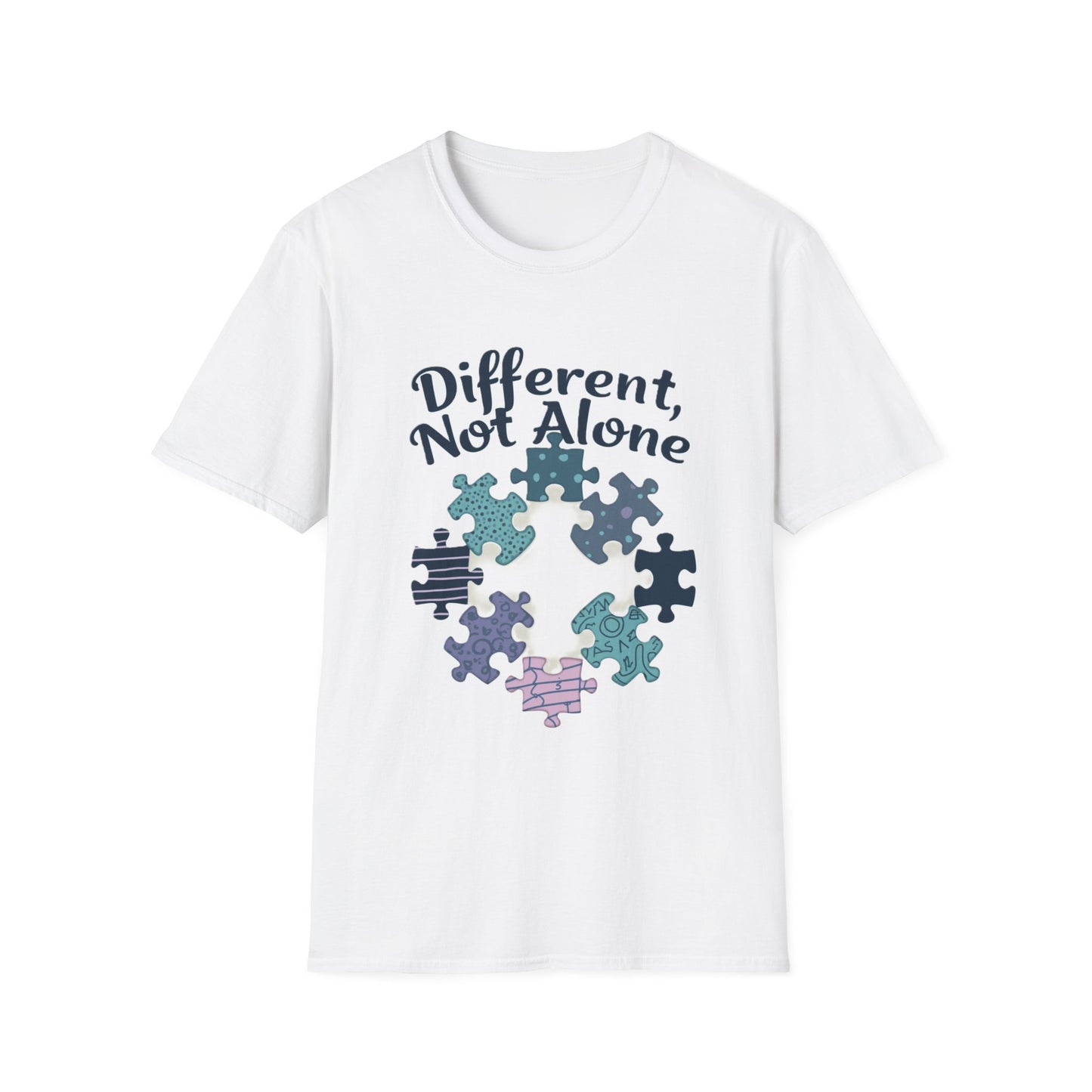 White t-shirt with puzzle piece design and 'Different, Not Alone' text on a white background
