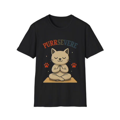 Purrsevere Cat Yoga T-Shirt – Funny Cat Pun Perseverance Tee