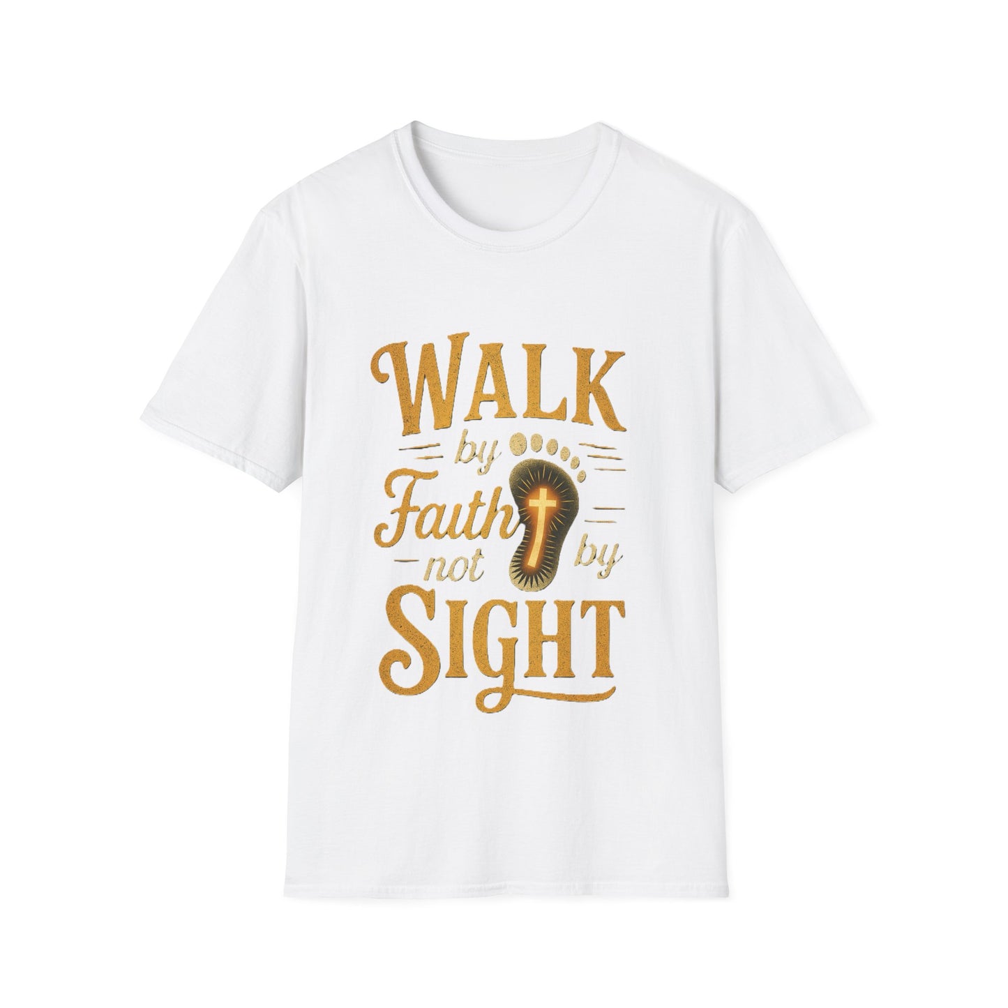 White t-shirt with gold text 'Walk by Faith not by Sight' on a white background