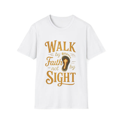 White t-shirt with gold text 'Walk by Faith not by Sight' on a white background