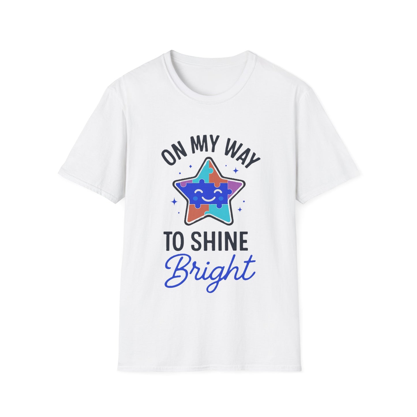 White t-shirt with colorful star design and text on a white background