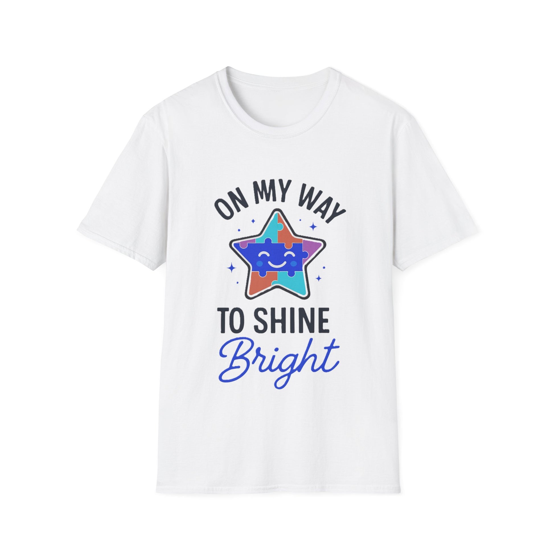 White t-shirt with colorful star design and text on a white background