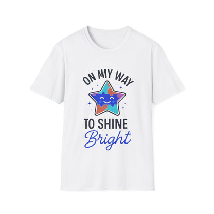 White t-shirt with colorful star design and text on a white background