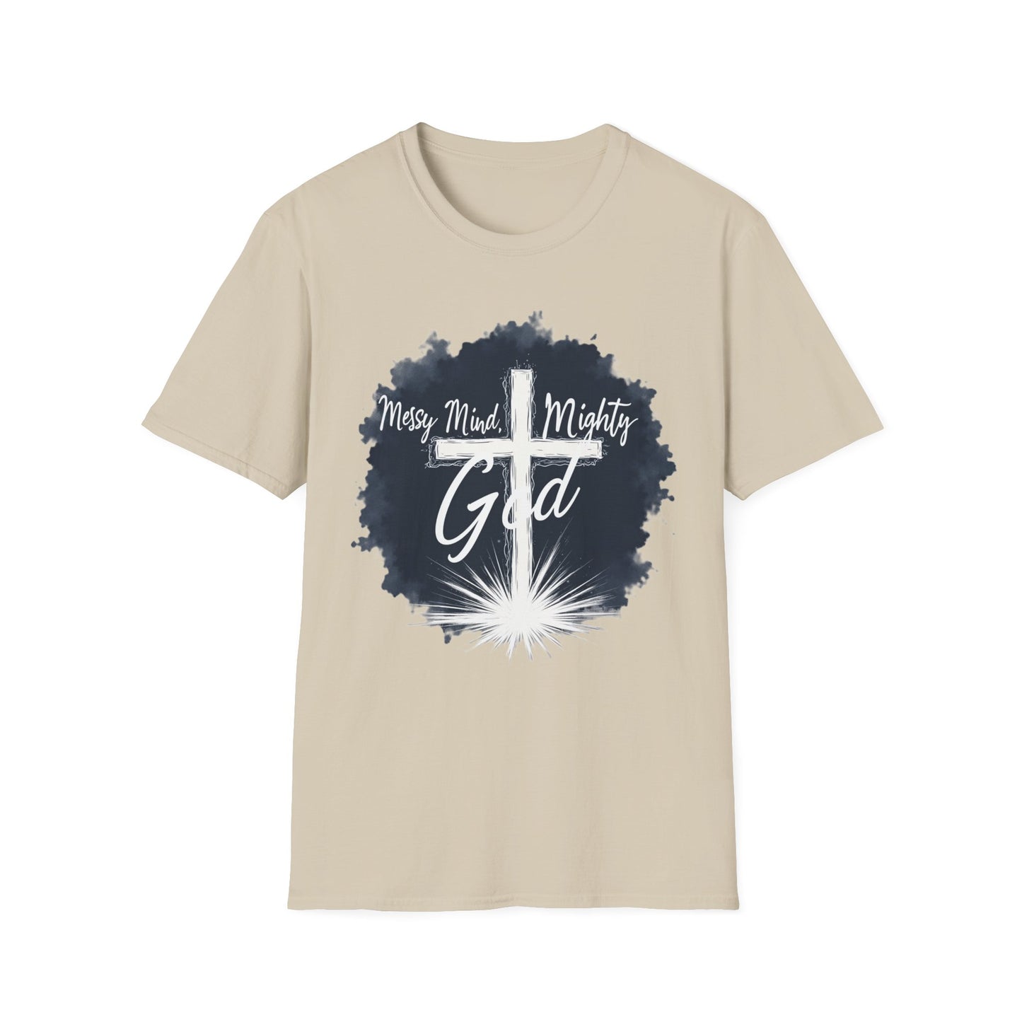 Messy Mind, Mighty God Shirt – Christian Faith T-Shirt with Cross & Empowering Message