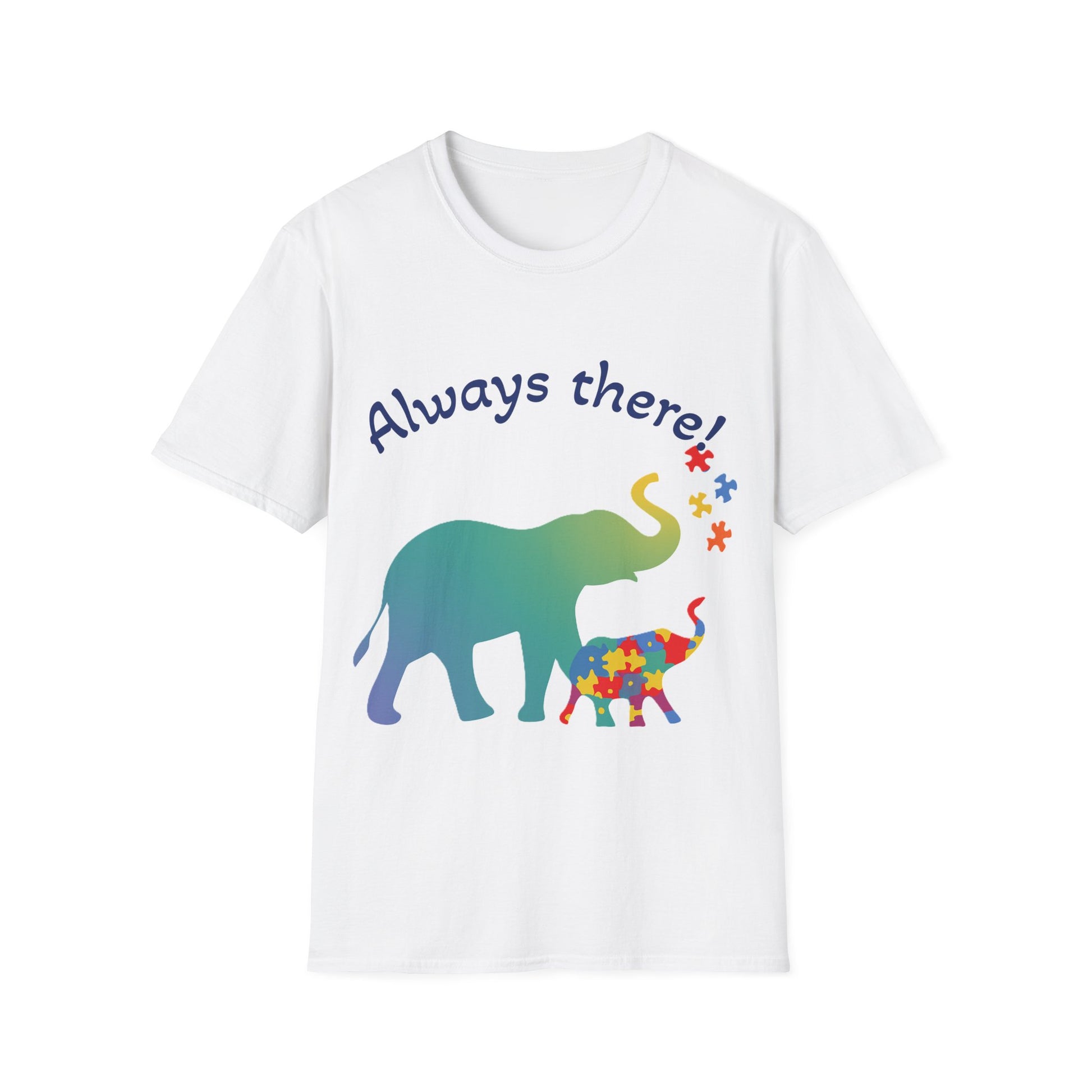 White t-shirt with colorful elephants and text 'Always there!' on a white background