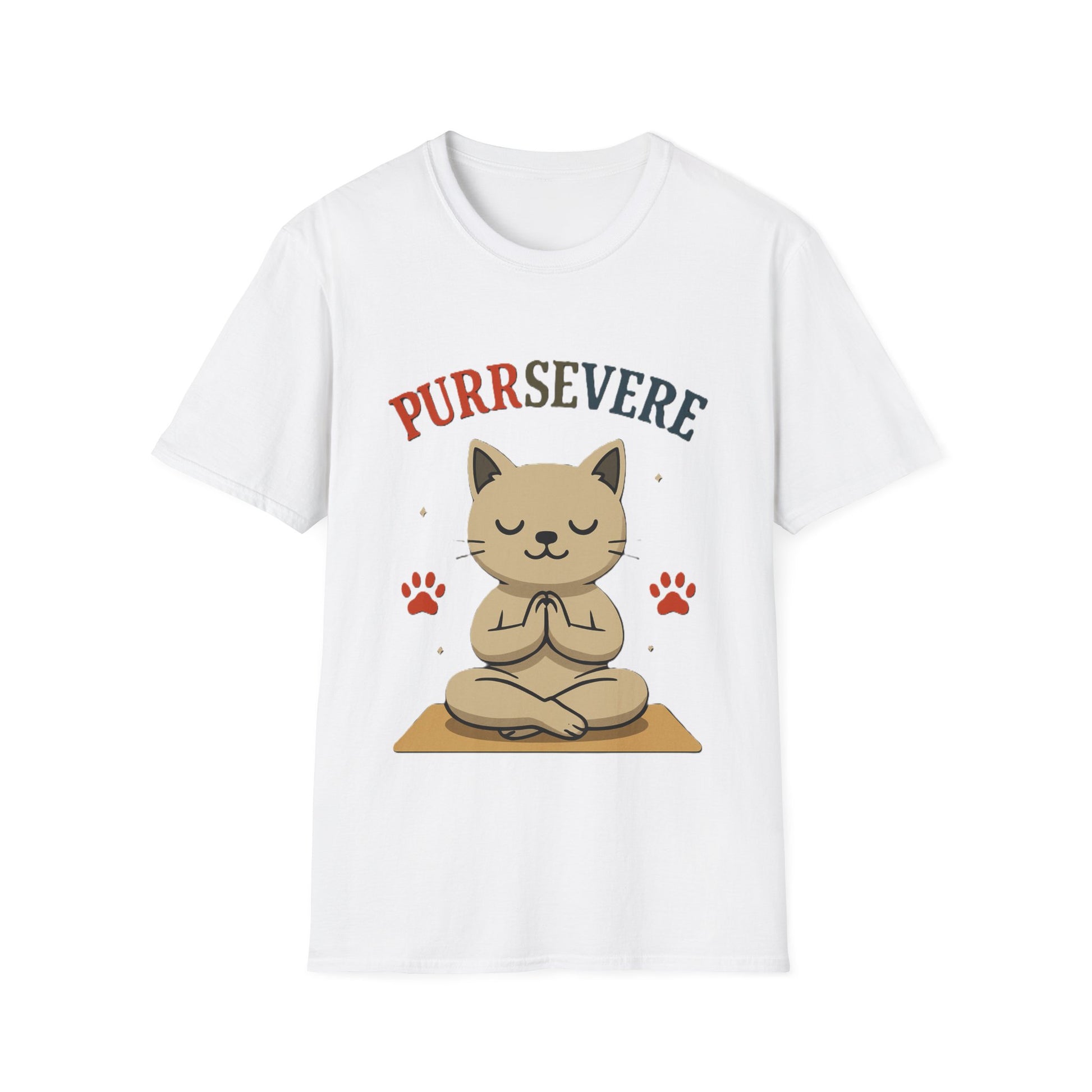 White t-shirt with a cat graphic and 'PURRSEVERE' text on a white background