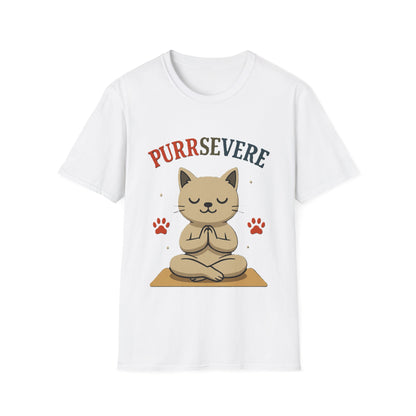 White t-shirt with a cat graphic and 'PURRSEVERE' text on a white background