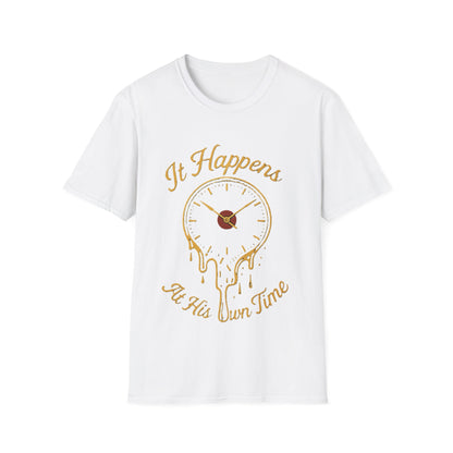 At His Own Time T-Shirt | Christian Faith Melting Clock Tee | Surrealist Spiritual Quote Graphic Shirt