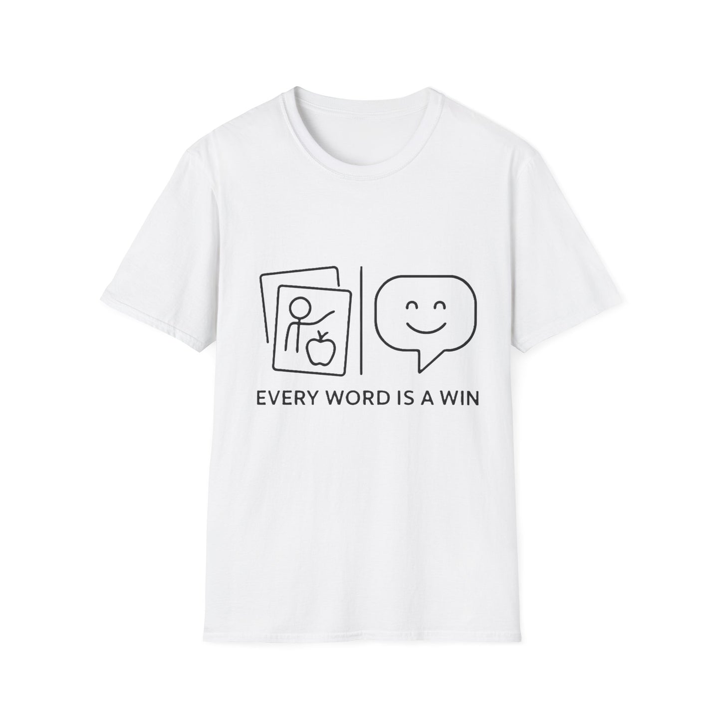White t-shirt with black graphic and text 'Every Word is a Win' on a white background