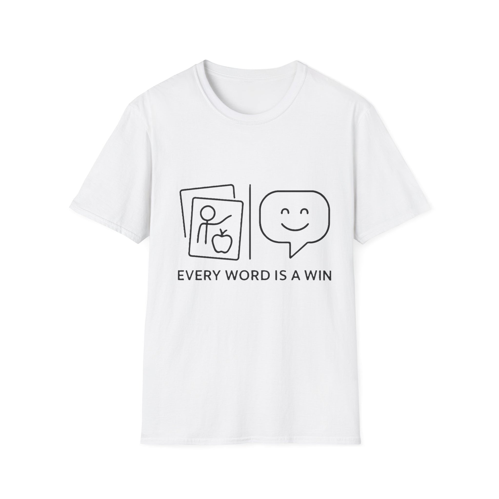 White t-shirt with black graphic and text 'Every Word is a Win' on a white background