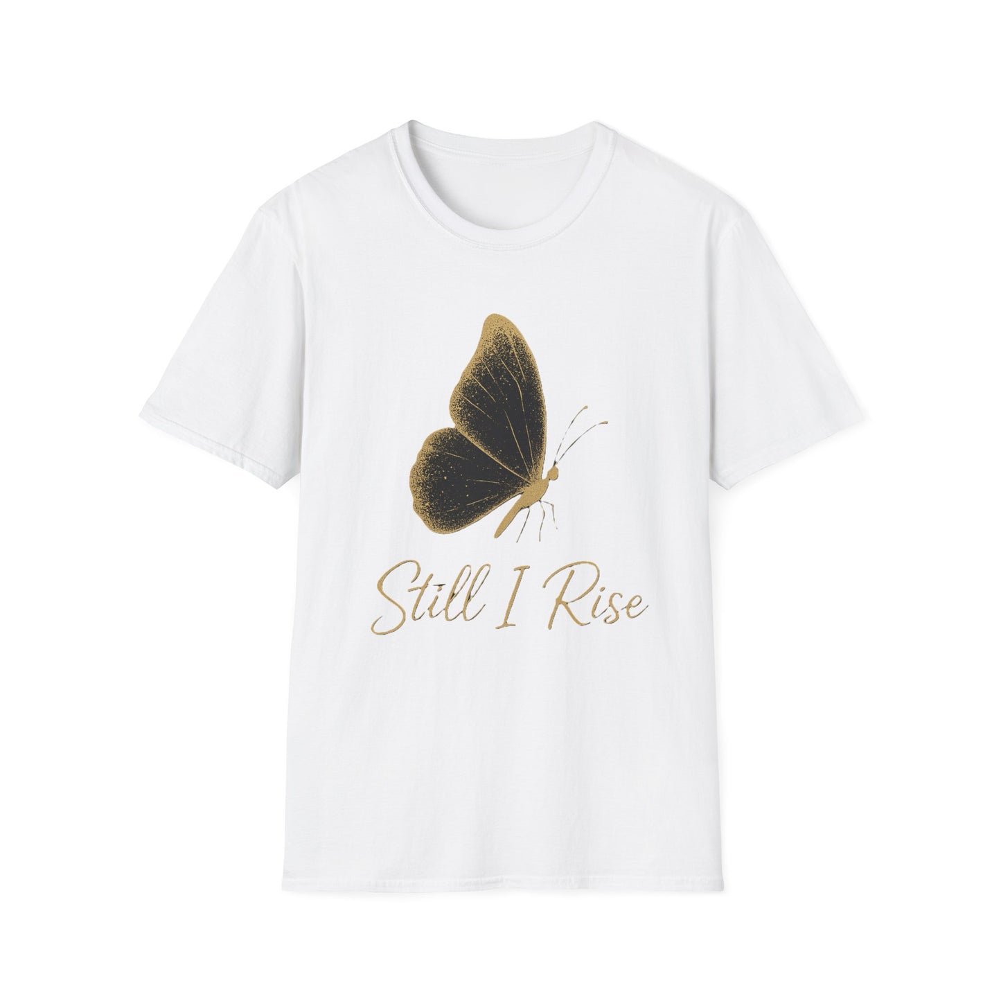 White t-shirt with a butterfly graphic and 'Still I Rise' text on a white background