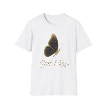 White t-shirt with a butterfly graphic and 'Still I Rise' text on a white background