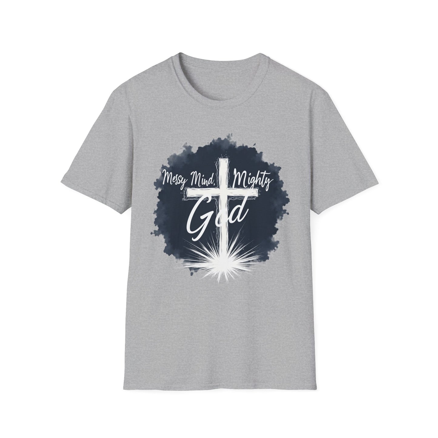 Messy Mind, Mighty God Shirt – Christian Faith T-Shirt with Cross & Empowering Message