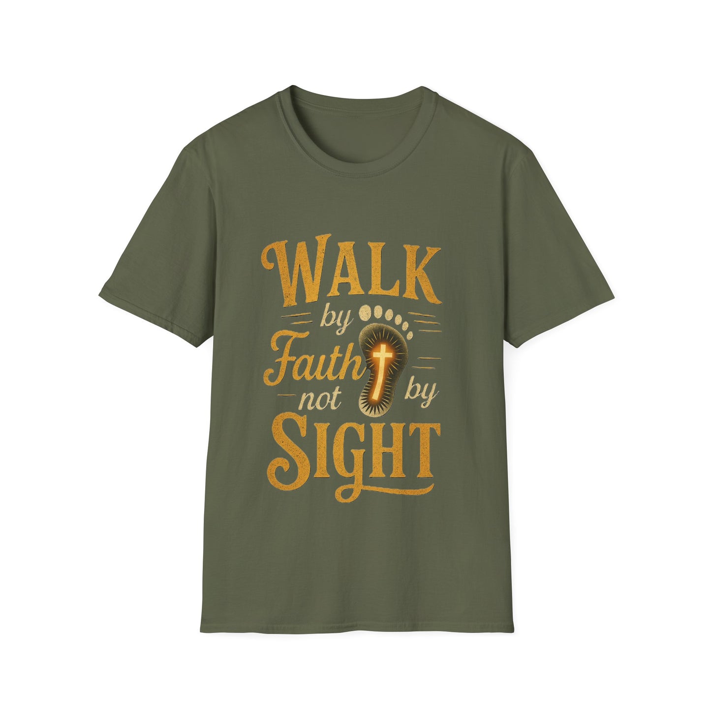Walk by Faith T-Shirt – Inspirational Christian Shirt with Footprint & Cross Design