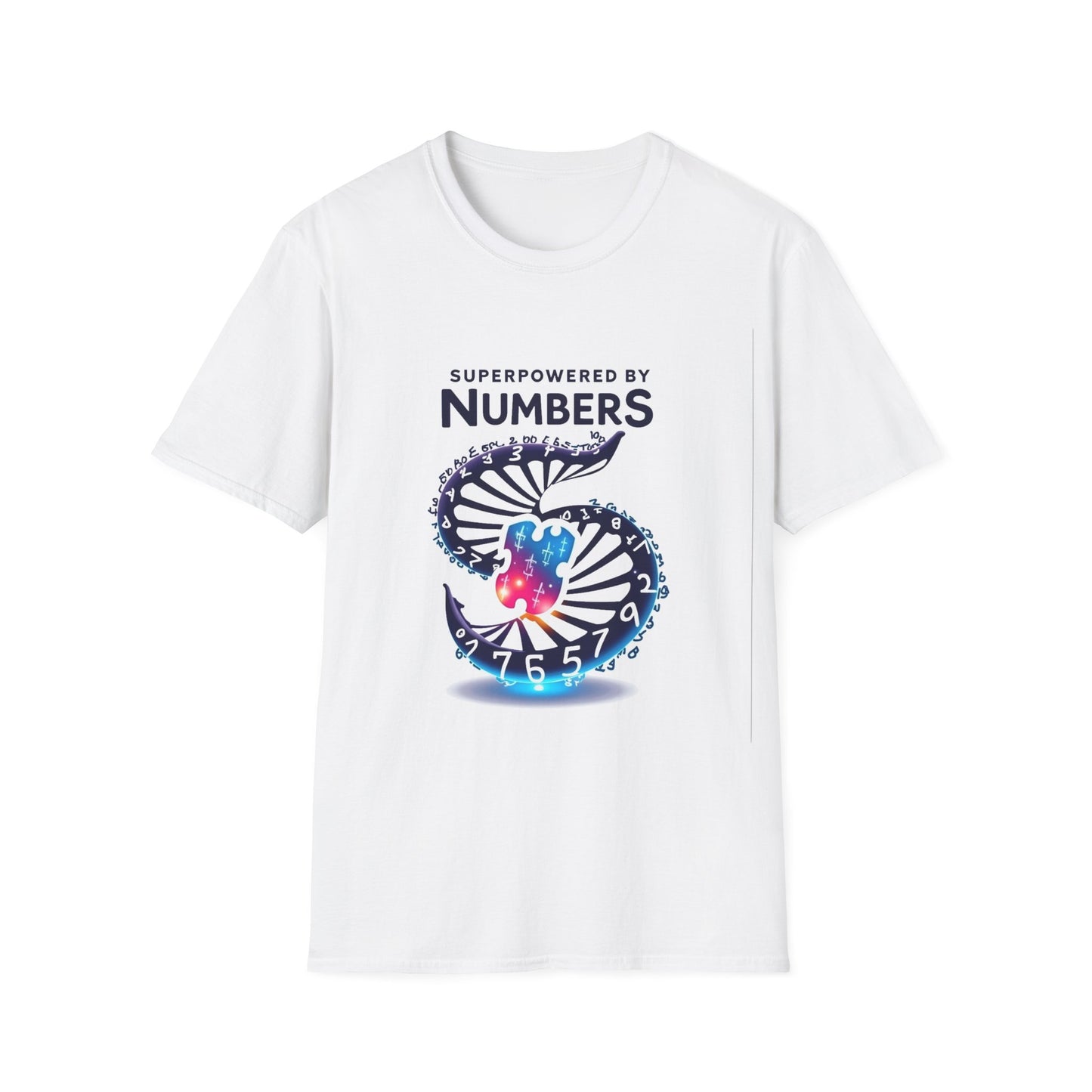 White t-shirt with colorful design and text 'Superpowered by Numbers' on a white background