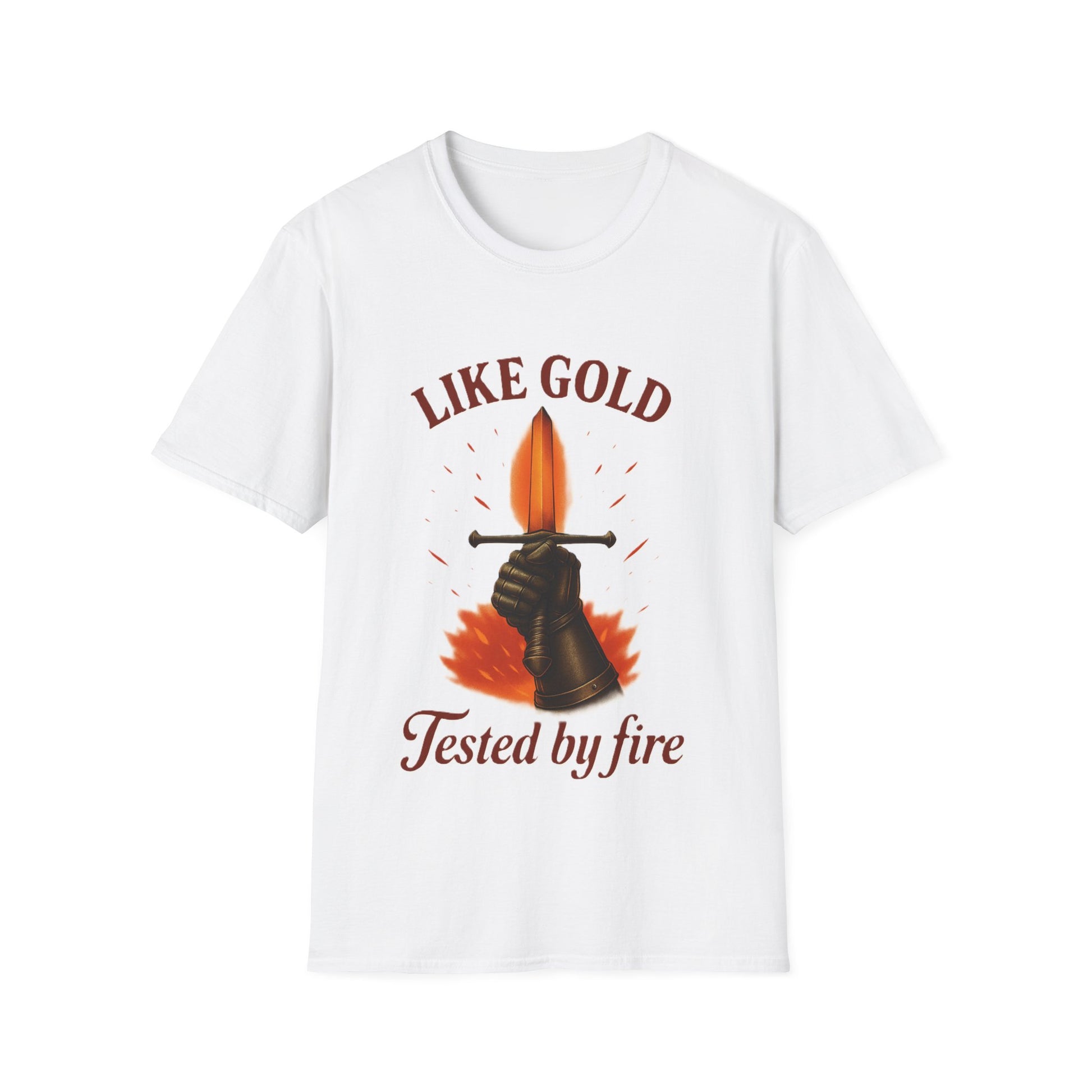 White t-shirt with graphic design and text 'Like gold, tested by fire' on a white background