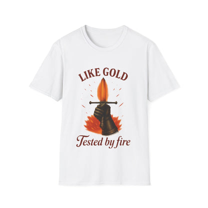 White t-shirt with graphic design and text 'Like gold, tested by fire' on a white background