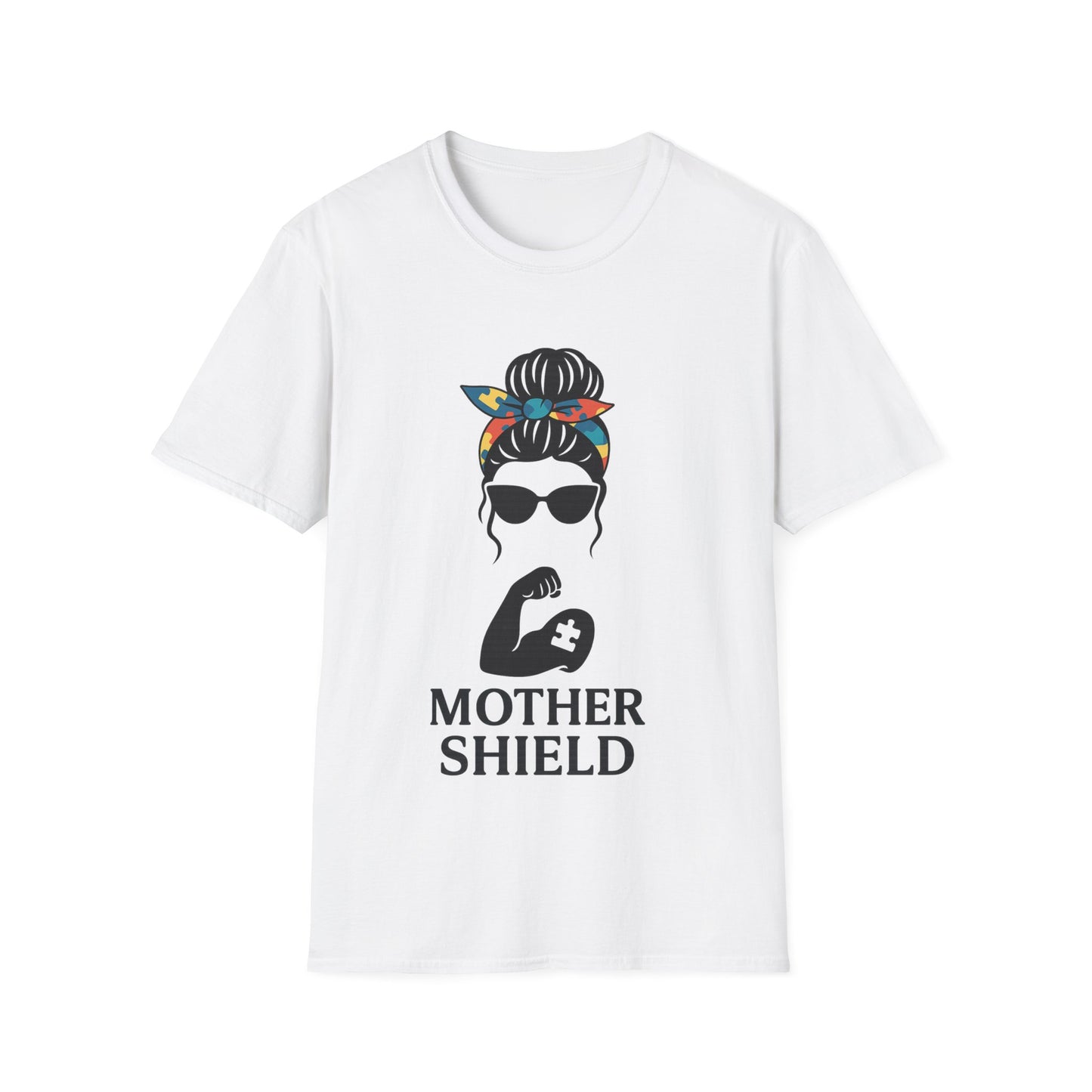 White t-shirt with graphic design and text 'MOTHER SHIELD' on a white background