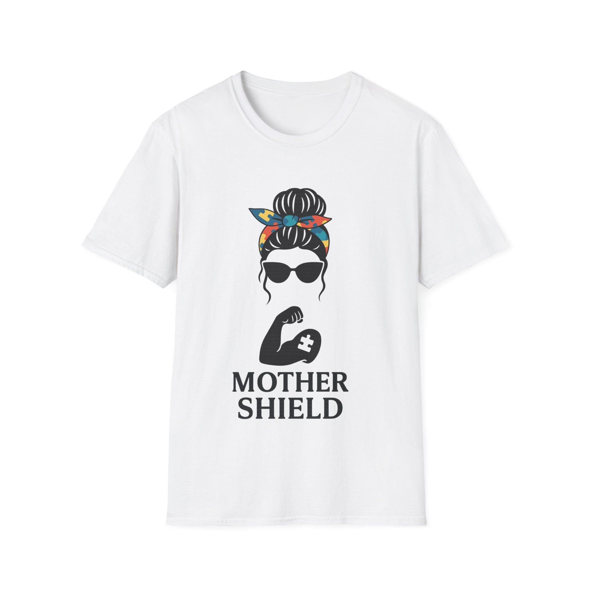 White t-shirt with graphic design and text 'MOTHER SHIELD' on a white background