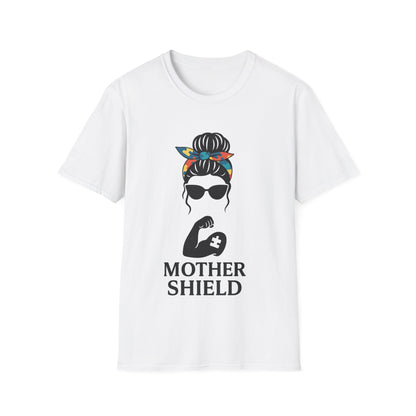 White t-shirt with graphic design and text 'MOTHER SHIELD' on a white background