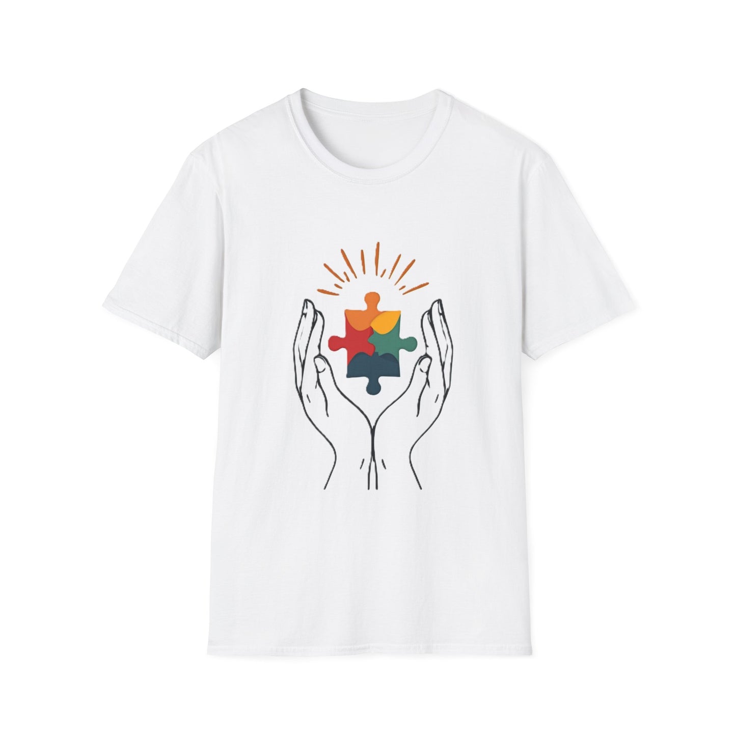 White t-shirt with colorful puzzle piece design held by hands on a white background