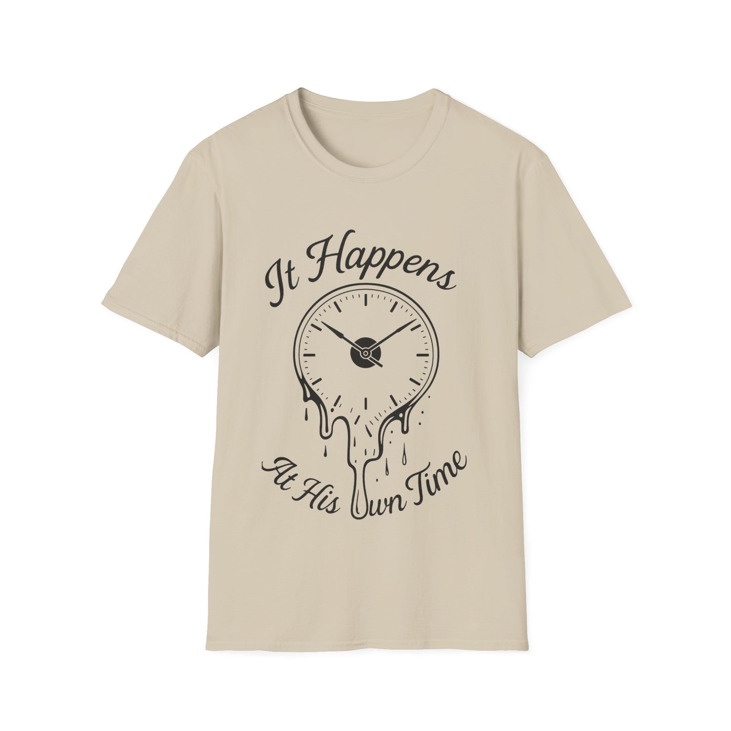 At His Own Time T-Shirt | Christian Faith Melting Clock Tee | Surrealist Spiritual Quote Graphic Shirt