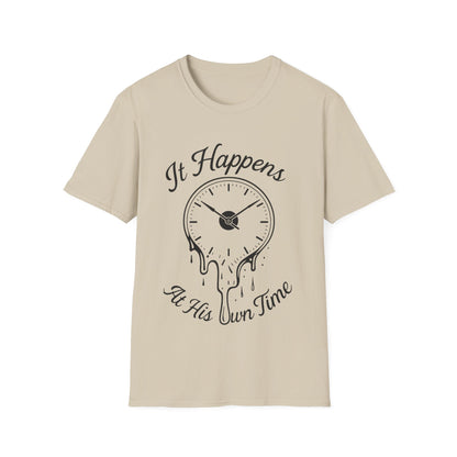 At His Own Time T-Shirt | Christian Faith Melting Clock Tee | Surrealist Spiritual Quote Graphic Shirt