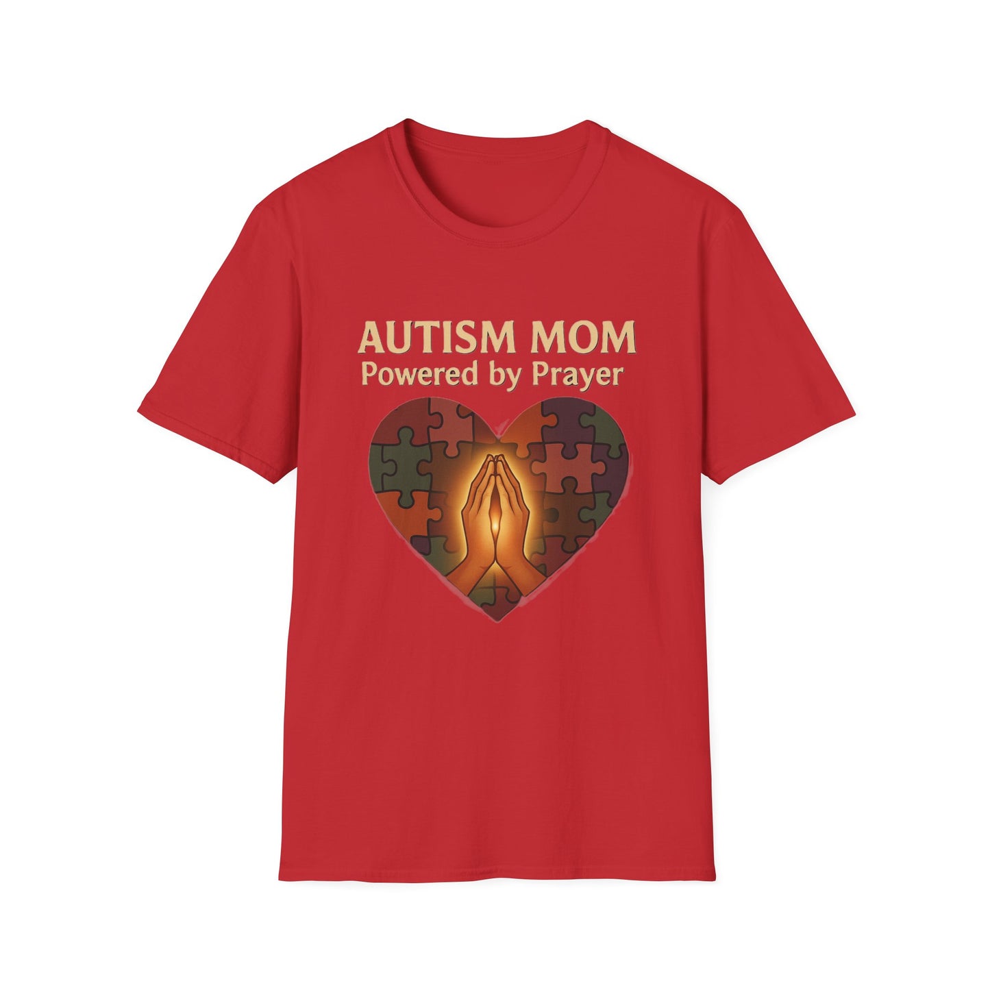Autism Mom Shirt – Powered by Prayer Puzzle Heart Graphic for Autism Support
