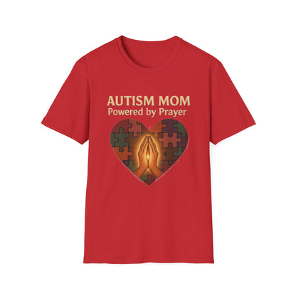 Autism Mom Shirt – Powered by Prayer Puzzle Heart Graphic for Autism Support