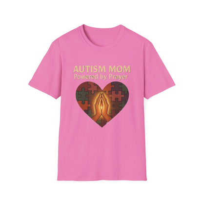 Autism Mom Shirt – Powered by Prayer Puzzle Heart Graphic for Autism Support