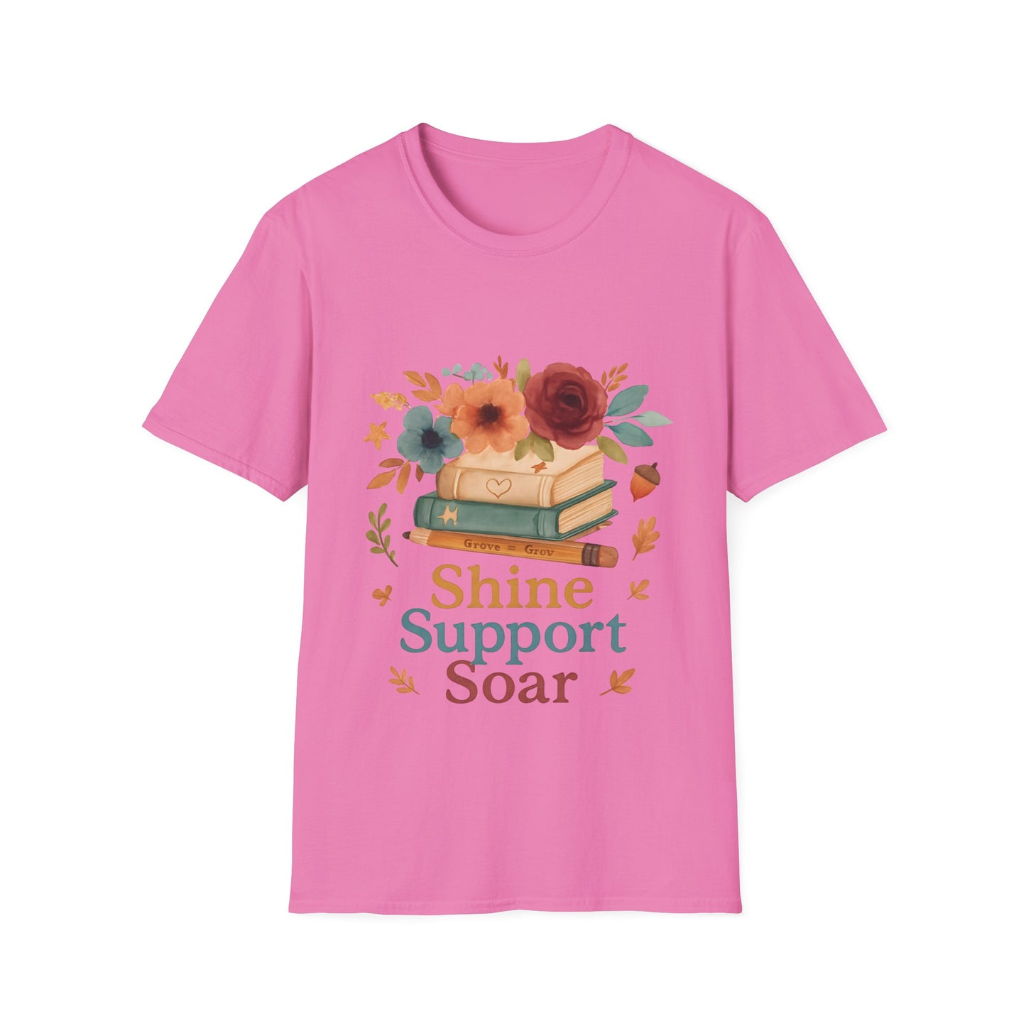 Shine Support Soar Teacher T-Shirt | Floral Book Lover Graphic Tee | Back to School Librarian & Educator Gift
