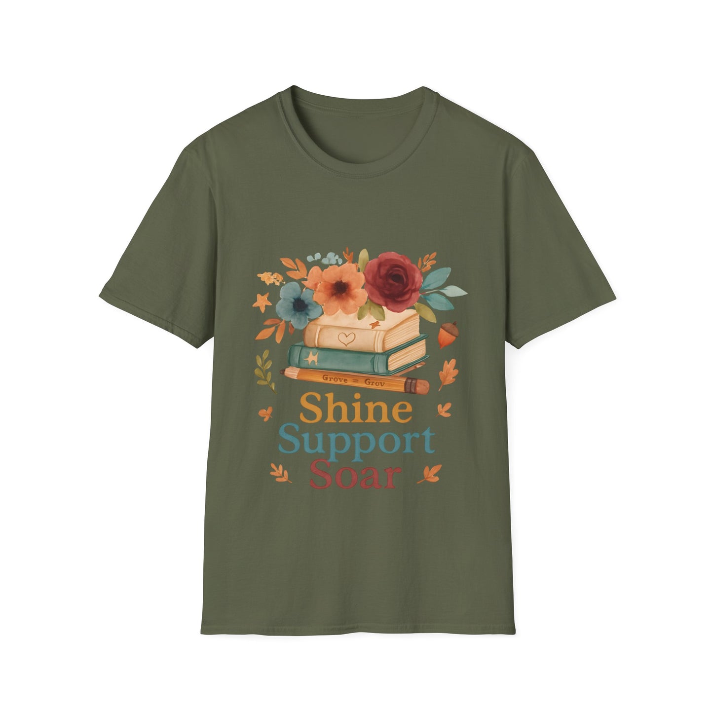 Shine Support Soar Teacher T-Shirt | Floral Book Lover Graphic Tee | Back to School Librarian & Educator Gift