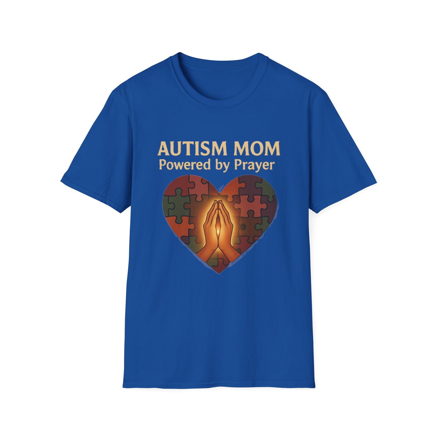 Autism Mom Shirt – Powered by Prayer Puzzle Heart Graphic for Autism Support