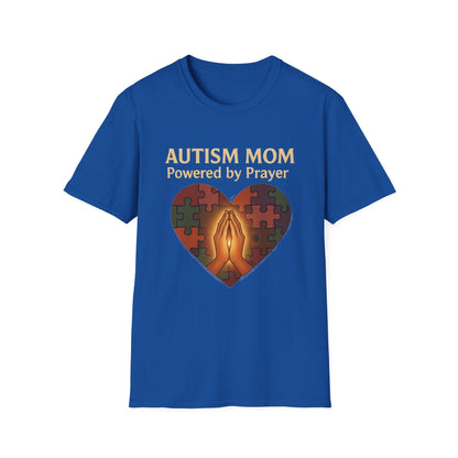 Autism Mom Shirt – Powered by Prayer Puzzle Heart Graphic for Autism Support