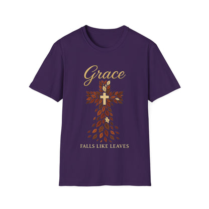 Grace Falls Like Leaves Christian Cross Shirt – Fall Faith T-Shirt