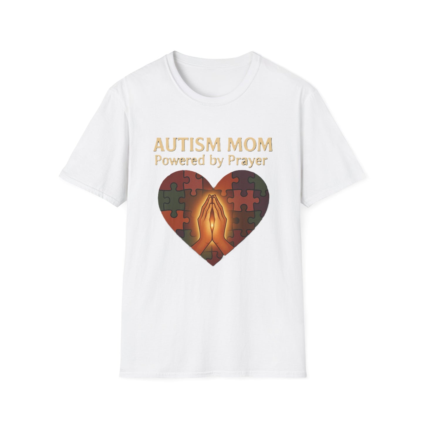 Autism Mom Shirt – Powered by Prayer Puzzle Heart Graphic for Autism Support