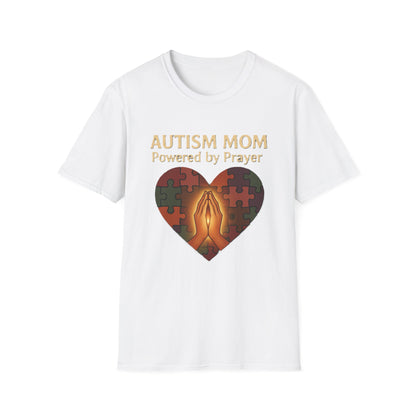 Autism Mom Shirt – Powered by Prayer Puzzle Heart Graphic for Autism Support