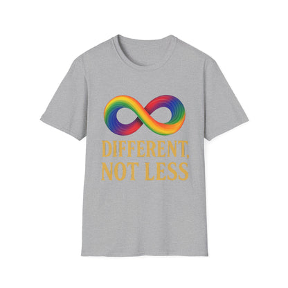 Different, Not Less Shirt – Rainbow Infinity Symbol T-Shirt for Autism Advocacy & Inclusion