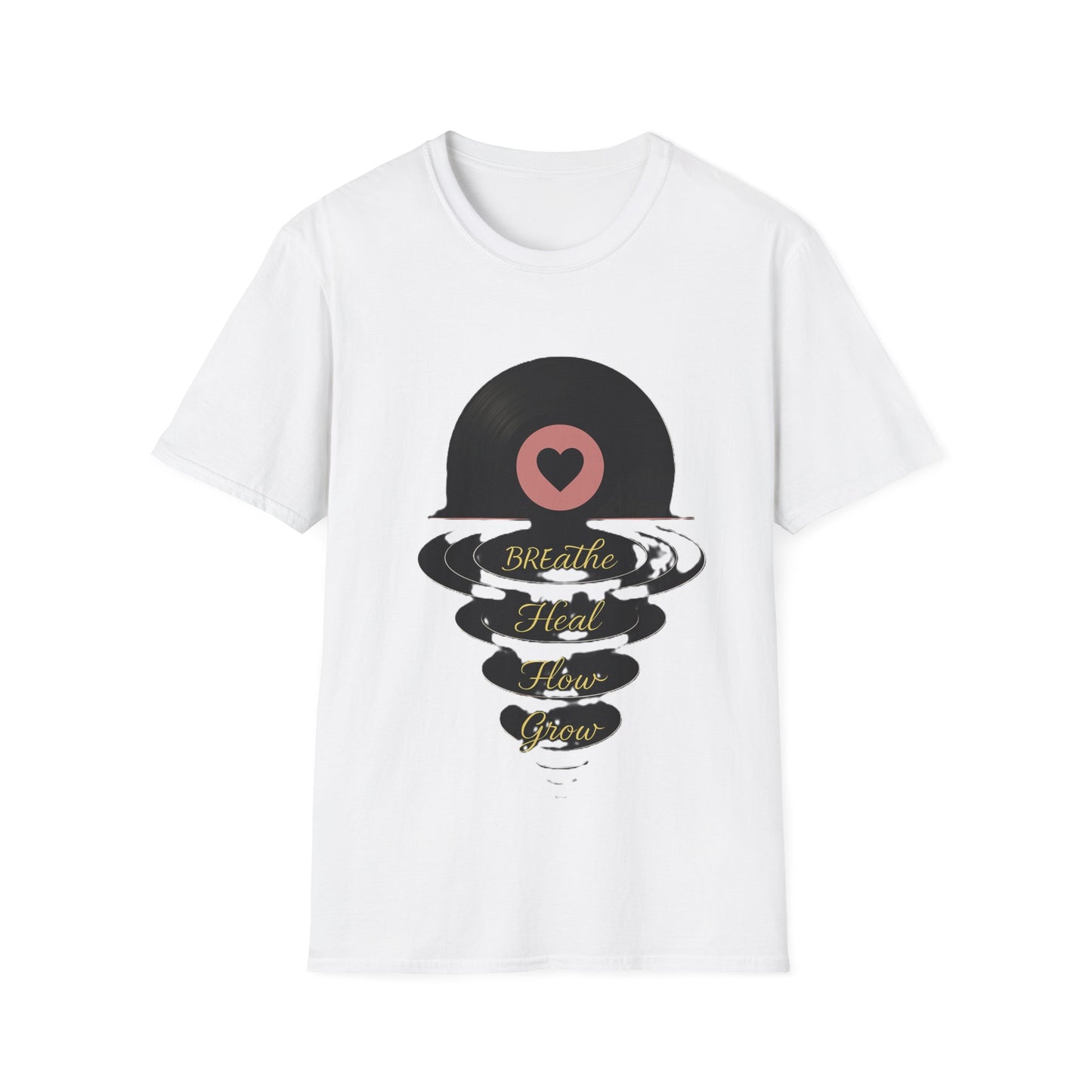 White t-shirt with black graphic design and text on a white background