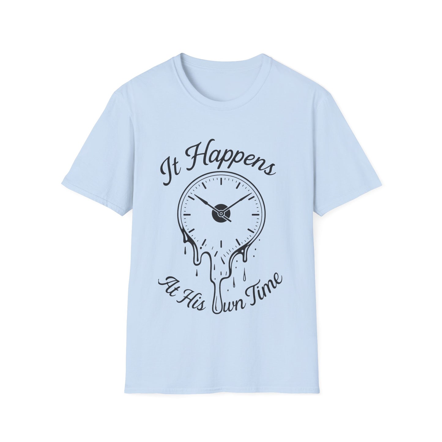 At His Own Time T-Shirt | Christian Faith Melting Clock Tee | Surrealist Spiritual Quote Graphic Shirt