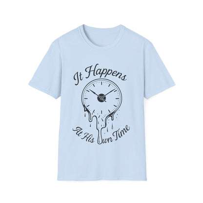 At His Own Time T-Shirt | Christian Faith Melting Clock Tee | Surrealist Spiritual Quote Graphic Shirt