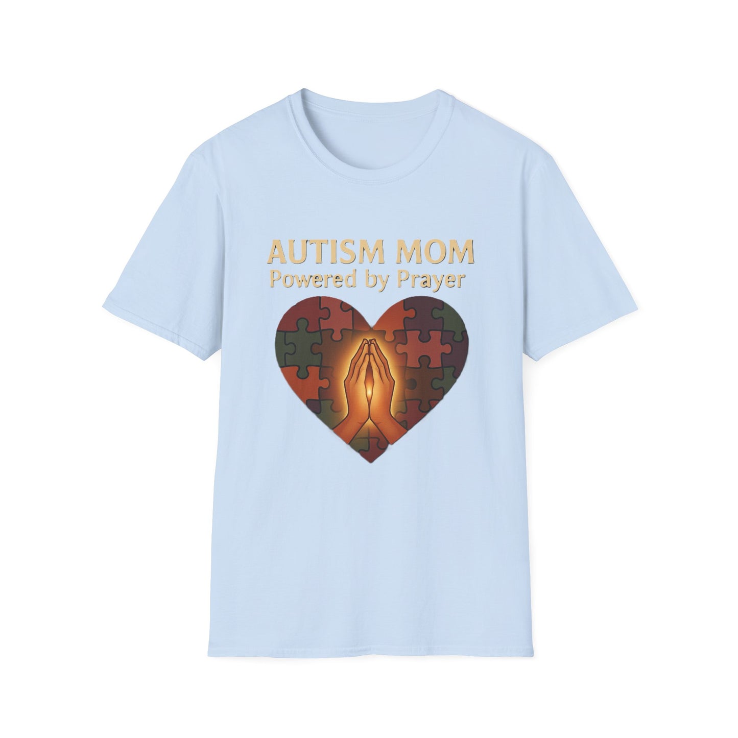 Autism Mom Shirt – Powered by Prayer Puzzle Heart Graphic for Autism Support