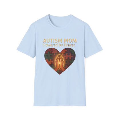 Autism Mom Shirt – Powered by Prayer Puzzle Heart Graphic for Autism Support