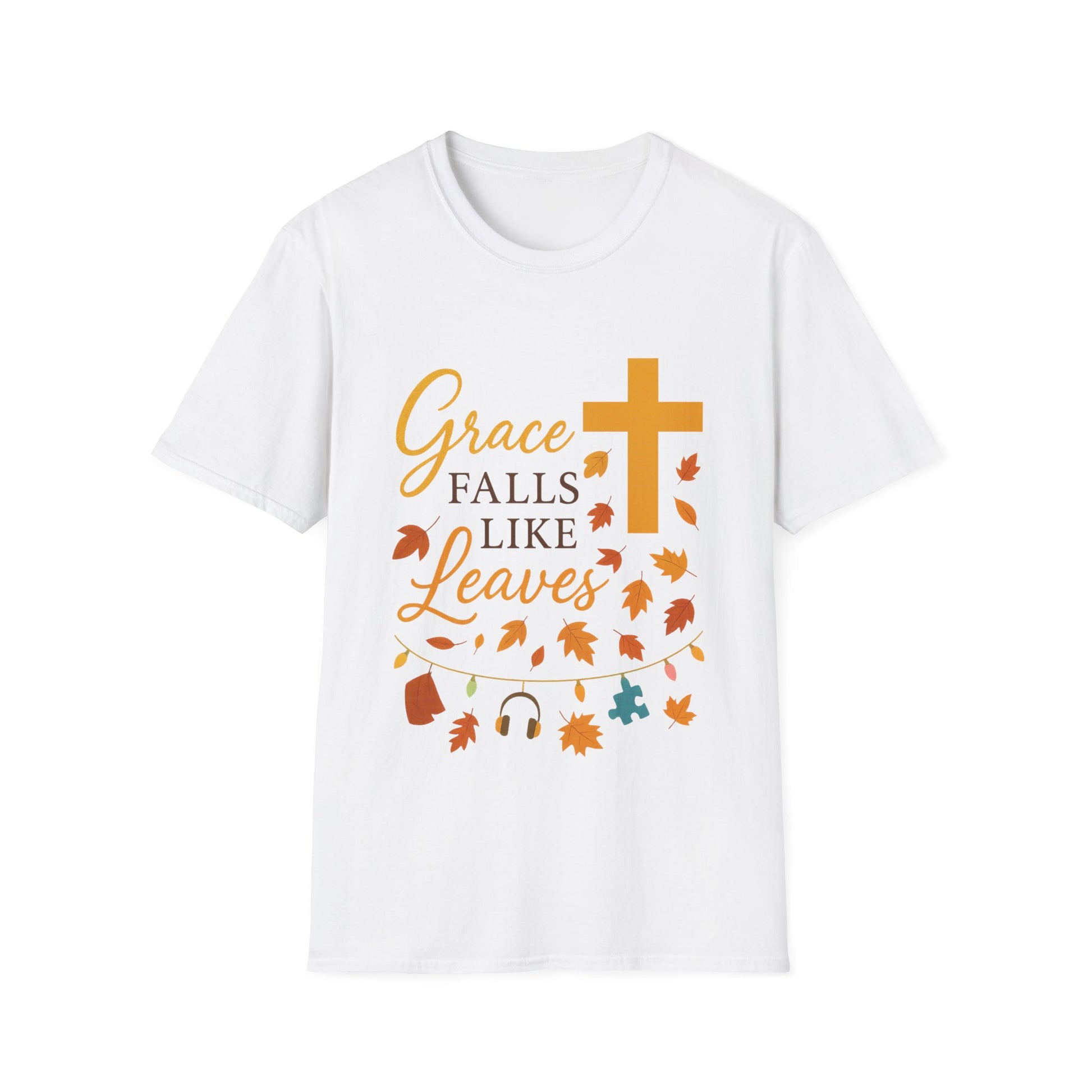 White t-shirt with 'Grace Falls Like Leaves' text and cross design on a white background