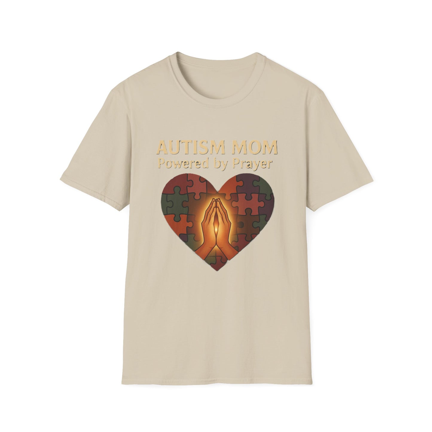 Autism Mom Shirt – Powered by Prayer Puzzle Heart Graphic for Autism Support